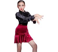 Robe de Danse Latine À Manches Longues pour Filles Jupes de Compétition en Velours Tenue de Danse d'hiver Fendue pour Spectacle sur Scène (140)
