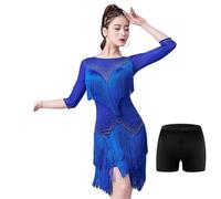 Robe De Danse Latine À Ourlet À Franges pour Femmes, Jupe De Salsa Samba De Salle De Bal Robe De Spectacle Valse Col Rond Manches Mi-Longues Robe De Compétition Latine Noire,Bleu,M
