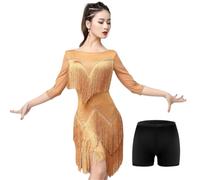 Robe De Danse Latine À Ourlet À Franges pour Femmes, Jupe De Salsa Samba De Salle De Bal Robe De Spectacle Valse Col Rond Manches Mi-Longues Robe De Compétition Latine Noire,Jaune,XL