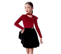 Robe de Danse Latine en Velours à Manches Longues pour Fille idéale pour Le Tango Les compétitions de Danse de Salon Les fêtes d'anniversaire ou Les déguisements,Rouge,120cm