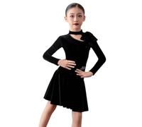 Robe de Danse Latine en Velours à Manches Longues pour Fille idéale pour Le Tango Les compétitions de Danse de Salon Les fêtes d'anniversaire ou Les déguisements,Noir,120cm