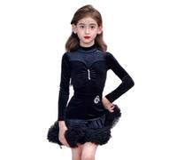 Robe de Danse Latine en Velours pour Filles, Manches Longues, Jupe de Tango, vêtements de Carnaval, Tenue de compétition de Danse Salsa,Noir,120cm