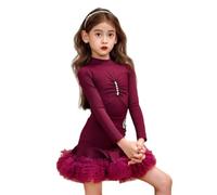 Robe de Danse Latine en Velours pour Filles, Manches Longues, Jupe de Tango, vêtements de Carnaval, Tenue de compétition de Danse Salsa,Wine Red,120cm