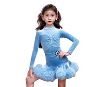 Robe de Danse Latine en Velours pour Filles, Manches Longues, Jupe de Tango, vêtements de Carnaval, Tenue de compétition de Danse Salsa,Bleu,120cm