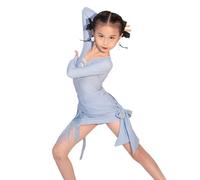 Robe De Danse Latine For Filles, Ensemble 2 Pièces Haut À Manches Longues + Jupe, Robe De Concours De Salle De Bal, Costumes De Spectacle De Danse Sur Scène De Tango(Blue,170cm)