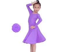 Robe De Danse Latine pour Filles, 2 Pièces, Col en V Fendu, Manches Longues, Vêtements De Danse, Jupe Plissée, Grande Taille, pour Salsa, Rumba, Cha-cha, Samba, Tango, Haut Prof, Purple, M