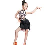 Robe de Danse Latine pour Filles, Costume de Bal Fendu, Robe de compétition de Salsa Moderne,Black and Leopard Print,170