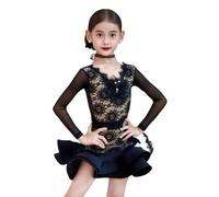 Robe de Danse Latine pour Filles en Dentelle, Maille Manches Longues imprimé Floral Jupe à Volants adaptée aux compétitions et Spectacles Enfants Cowboy Samba Corrida Cha Rumba,Noir,140cm