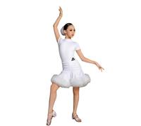 Robe de Danse Latine pour Filles, Tenue de compétition de Danse de Salon à Manches Courtes, Salsa Latine, Tango, Samba, cha cha, Rumba,Blanc,130