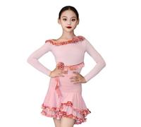 Robe de Danse Latine pour Filles, Tenue de Danse à Volants à Une épaule pour Enfants, Tenue de compétition de Performance et d'entraînement Samba Cha Cha,Rose,150cm