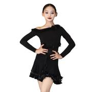 Robe de Danse Latine pour Filles, Tenue de Danse à Volants à Une épaule pour Enfants, Tenue de compétition de Performance et d'entraînement Samba Cha Cha,Noir,180cm