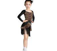 Robe de Danse Latine pour Filles, Tenue de Danse Salsa à Franges, Jupe de compétition pour Danseuses de Salon, cha-cha et Danseuses Modernes,Leopard Print,140