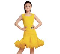 Robe de Danse Latine pour Filles, Tenue d'entraînement de Performance de Salon Fendue pour Enfants, Jupe de compétition de Salsa, Rumba, cha cha, Samba, Tango,Jaune,110