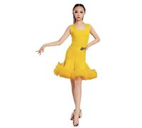 Robe de Danse Latine pour Filles - Tenue d'entraînement de Performance de Salon sans Manches pour Enfants Salsa Rumba Cha Cha Samba Tango Compétition Haut Jupe,Jaune,170cm