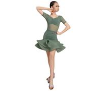 Robe de Danse Latine pour Filles, vêtements d'entraînement de Salsa Latine, de Tango, de Salle de Bal, à Manches Courtes, pour compétition, Costume de Performance,Bean Paste Green,140cm