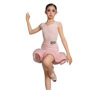 Robe de Danse Latine sans Manches pour Fille, Jupe de Danse de Salon pour Enfants, pour Salsa, Rumba, Cha Cha, Samba, Tango, Haut, Costume de Danse Professionnel,Rose,140