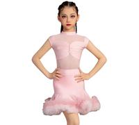 Robe de Danse Latine sans Manches pour Fille Tenue de compétition de Danse de Salon pour Enfants Robe de Danse Latine à Pompons Salsa Tango en Maille épissée,Rose,XS