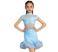 Robe de Danse Latine sans Manches pour Fille Tenue de compétition de Danse de Salon pour Enfants Robe de Danse Latine à Pompons Salsa Tango en Maille épissée,Sky Blue,2XS