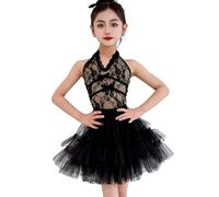 Robe de Danse sans Manches pour Fille, Robe de Tango/Salsa de Salon, Costumes de compétition de Danse,Noir,160
