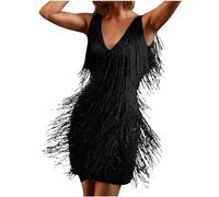 Robe de danse style années 1920 pour femme avec frange et paillettes, sans manches, col en V pour Latin Tango Samba Cha Cha Salle de bal Salsa, robe de cocktail vintage brillante pour soirée