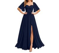 Robe de demoiselle d'honneur à manches flottantes pour femme en mousseline de soie froncée avec fente, bleu marine, 44