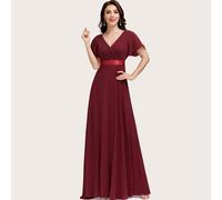 Robe de demoiselle d'honneur bourgogne élégante à col en V, volants et manches papillon. Robe d'invitée de mariage pour les occasions semi-formelles du printemps, robe de mère de la mariée pour le mar