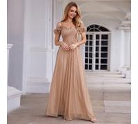Robe de demoiselle d'honneur couleur champagne avec fleurs de rose, épaules dénudées, élégante, pour mariage d'été et début d'automne, convient pour les occasions de mariage semi-formelles et les tenu