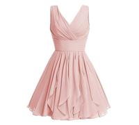 Robe de demoiselle d'honneur courte à col en V 2023 en mousseline de soie sans manches froncée avec poches, rose, 36