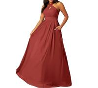 Robe de demoiselle d'honneur de princesse en maille, longueur au sol, style A, sans manches, dos nu avec design plissé et fente sur la jambe, terre cuite, 40