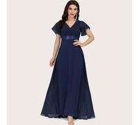 Robe de demoiselle d'honneur élégante à col en V, manches papillon à volants, bleu marine. Robe d'invité pour les occasions semi-formelles du printemps, robe de mère de la mariée pour le mariage, l'an