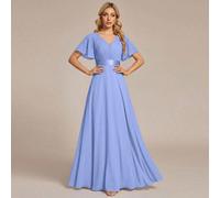 Robe de demoiselle d'honneur élégante et romantique en mousseline de soie avec col en V et manches papillon plissées, convient pour les invités de mariage et les occasions semi-formelles, été et début