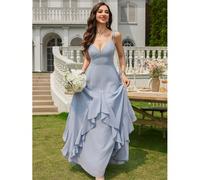 Robe de demoiselle d'honneur en mousseline de soie à col en V, taille empire, longueur ras du sol, ourlet à volants, couleur bleu poussiéreux. Robe d'été pour invités de mariage L,M,S,XL,XSUnicoloreMo