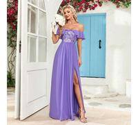 Robe de demoiselle d'honneur en mousseline de soie à paillettes contrastées avec épaules dénudées, coupe évasée. Robe de soirée élégante avec fente haute sur la cuisse. Robe de bal de fin d'études. Co
