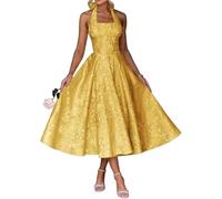 Robe de demoiselle d'honneur en satin floral pour femme - Robe de soirée plissée - Grande taille, doré, 44