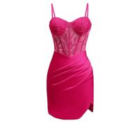 Robe de demoiselle d'honneur en satin pour femme - Robe de princesse plissée - Grande taille, fuchsia, 48