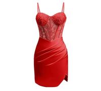 Robe de demoiselle d'honneur en satin pour femme - Robe de princesse plissée - Grande taille, Rouge, 40