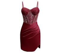 Robe de demoiselle d'honneur en satin pour femme - Robe de princesse plissée - Grande taille, rouge vin, 60 Grande taille