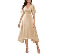 Robe de demoiselle d'honneur en satin pour femme - Robe longue formelle - Dos nu avec poches, champagne, 34