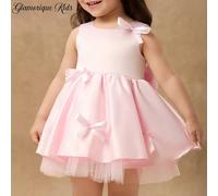 Robe de demoiselle d'honneur en satin rose pâle, décoration de nœud de ruban col en V, style princesse élégant et Top de gamme pour mariage, bébé fille automne hiver 6-9M,9-12M,12-18M,18-24M,2-3YUnico
