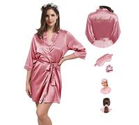 Robe de demoiselle d'honneur en soie pour femme - Robe de mariée en satin pour fête de mariage avec masque pour les yeux et chouchou - Ensemble 3 en 1 - Imprimé monogramme, Rose pâle., 3XL