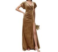 Robe de demoiselle d'honneur en velours pour femme avec fente formelle pour mariage, fête, bal de fin d'année, grande taille, marron, 54 Grande taille