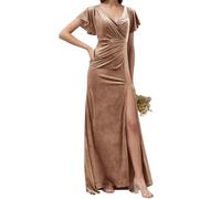 Robe de demoiselle d'honneur en velours pour femme avec fente formelle pour mariage, fête, bal de fin d'année, grande taille, rouge/marron, 60 Grande taille