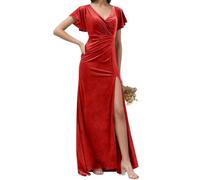 Robe de demoiselle d'honneur en velours pour femme avec fente formelle pour mariage, fête, bal de fin d'année, grande taille, Rouge, 42