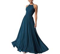 Robe de demoiselle d'honneur plissée en mousseline de soie longue dos nu épaules dénudées, bleu sarcelle, 38