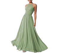 Robe de demoiselle d'honneur plissée en mousseline de soie pour femme, longue licou à épaules dénudées, robe formelle, vert sauge, 36