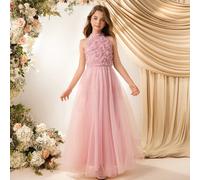 Robe de demoiselle d'honneur, style Trapèze mi-longue, appliqués floraux et tulle mesh, convient pour mariage, anniversaire, cérémonie 8Y,9Y,10Y,11Y,12Y,13YTulle