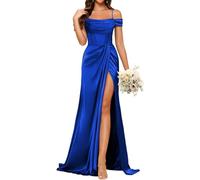 Robe de demoiselle d'honneur YIANN à épaules dénudées en satin avec volants pour mariage, robe de bal longue sirène bleu royal avec fente UK8