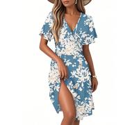 Robe de Femme Boheme Chic et Elegant Mi Longue Robe D'été Printemps Fleurie Femme Vetement Moulante Femmes Ensemble Vintage Robes Manche Courte de Bal Soiree Plage Cocktail (B Sky Blue,Large)