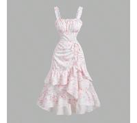 Robe de femme romantique rétro à fleurs roses et blanches, avec des volants. Robe élégante, pour le thé, pour les rendez-vous, la Saint-Valentin, l'été, le style bohème, la croisière, la plage. L,M,S,