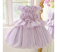Robe de fête d'anniversaire en satin à fleurs 3D en forme de lys avec manches à capuche pour jeunes filles. Convient pour demoiselle d'honneur, mariage, bal de promo, sans serre-tête 6Y,7Y,8Y,4Y,5YÉto